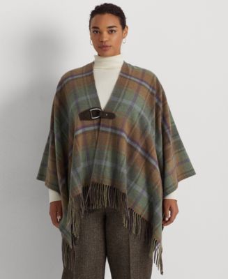 Lauren Ralph Lauren Plus-Size Plaid Fringe-Trim Wool-Blend Poncho - Macy's