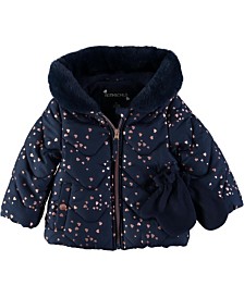 Baby Girls Heart Foil Print Quilted Puffer Hooded Jacket with Mittens