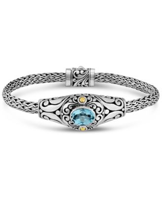 DEVATA - Blue Topaz Bali Heritage Classic with Dragon Bone Oval Chain Bracelet in sterling silver and 18K Gold