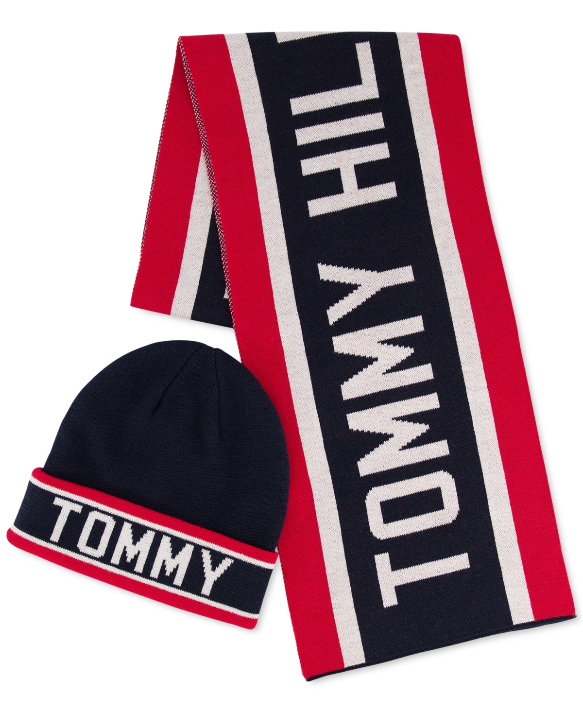Tommy Hilfiger Men's Racing Stripe Scarf, Logo Cuff Hat & Gloves Set - Apple Red, Snow White