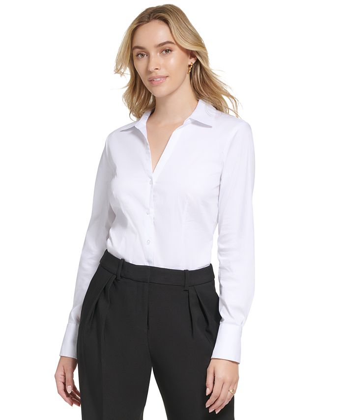 Calvin Klein Women's X-Fit Long Sleeve Collared Button Down Bodysuit -  Macy's