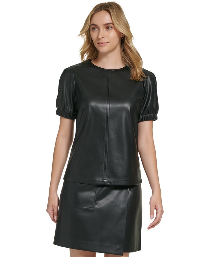 Women's Faux Leather T-Shirt - Short Sleeve PU Leather Crop Top, Loose Fit V-Neck For Summer & Going Out - View #2