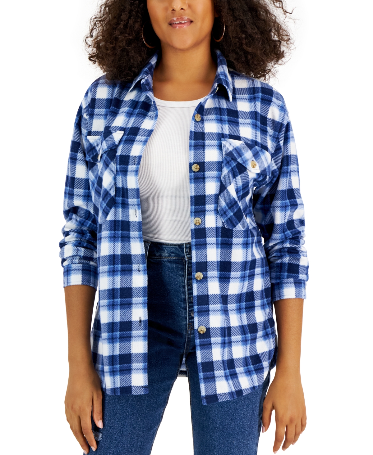 Just Polly Juniors' Plaid Print Shacket