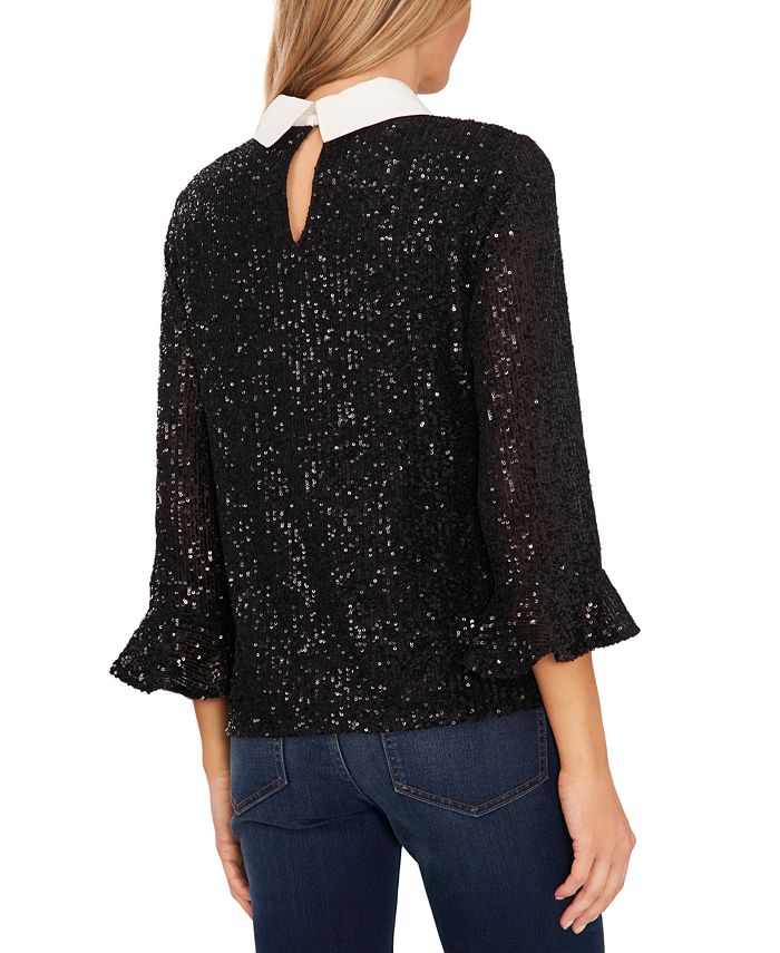 CeCe Women's RuffledSleeve Collared Sequined BowTie Blouse Macy's