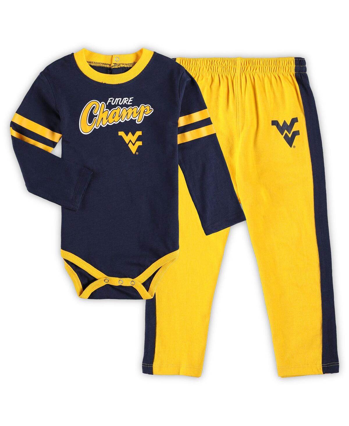 Shop Outerstuff Infant Boys And Girls Navy, Gold West Virginia Mountaineers Little Kicker Long Sleeve Bodysuit And S In Navy,gold