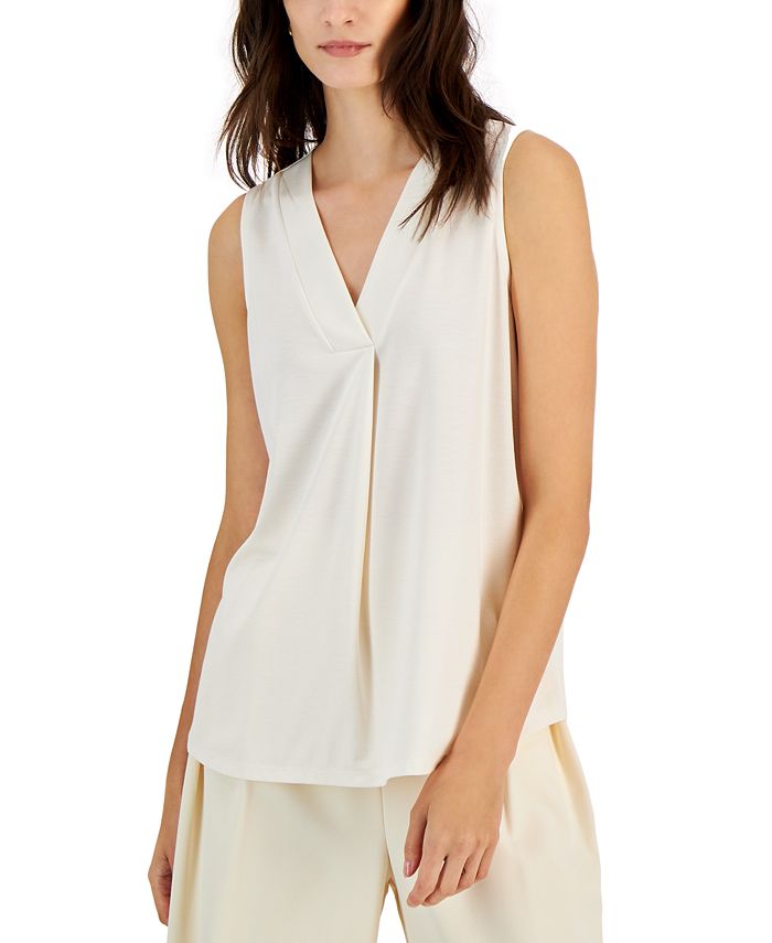 Anne Klein Women's Double V-Neck Sleeveless Top Beige Size X-Large