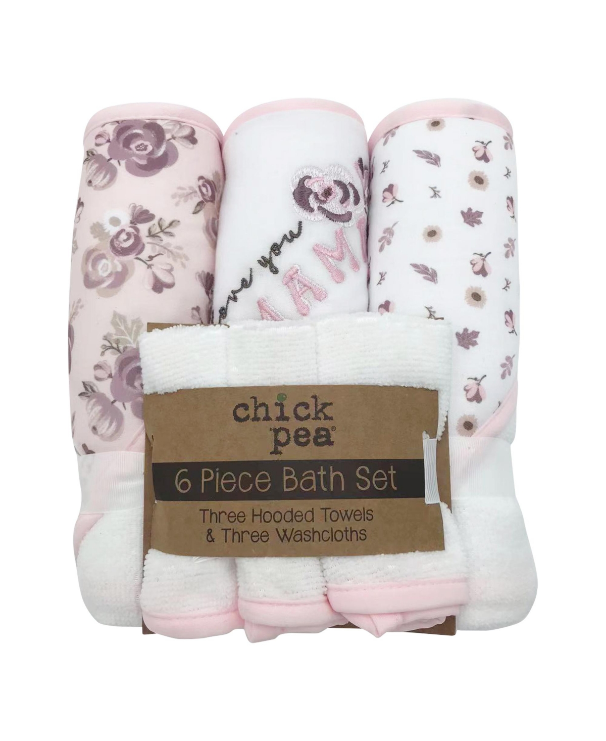 CHICKPEA BABY GIRLS BATH HOODED TOWELS AND WASHCLOTHS, 6 PIECE SET