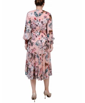 Women's Long-Sleeve Clip Dot Chiffon Dress with Smocked Waist and Cuffs Dress