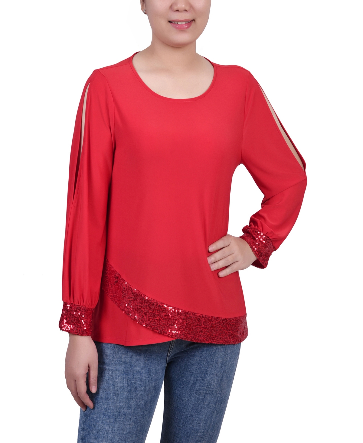 NY COLLECTION WOMEN'S LONG SLEEVE KNIT TOP WITH SEQUIN TRIM