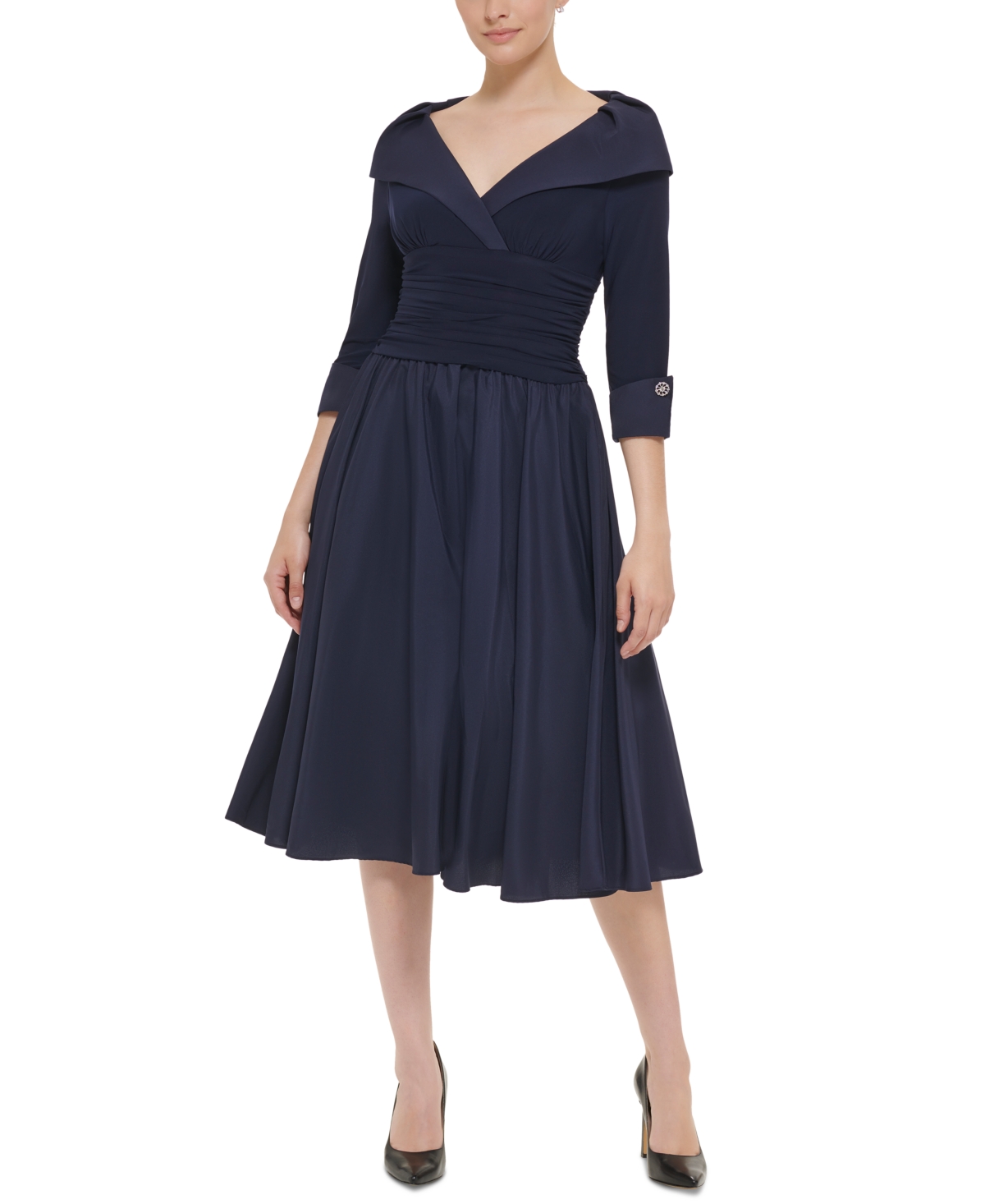 Jessica Howard Petite 3/4-sleeve Portrait-collar Fit & Flare Dress In Navy