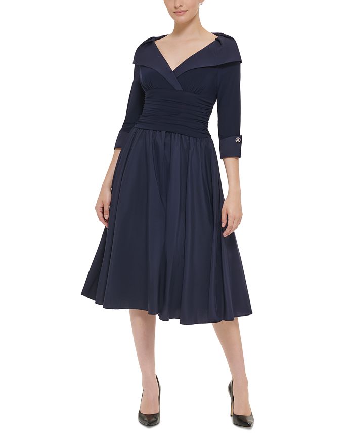 Jessica Howard Petite 3/4-Sleeve Portrait-Collar Fit & Flare Dress - Macy's