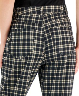 Vanilla Star Women's Plaid Cinched-Waist Mom Jeans