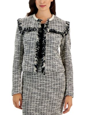 Tahari ASL - Women's Boucl&eacute; Fringe-Trim Long-Sleeve Jacket