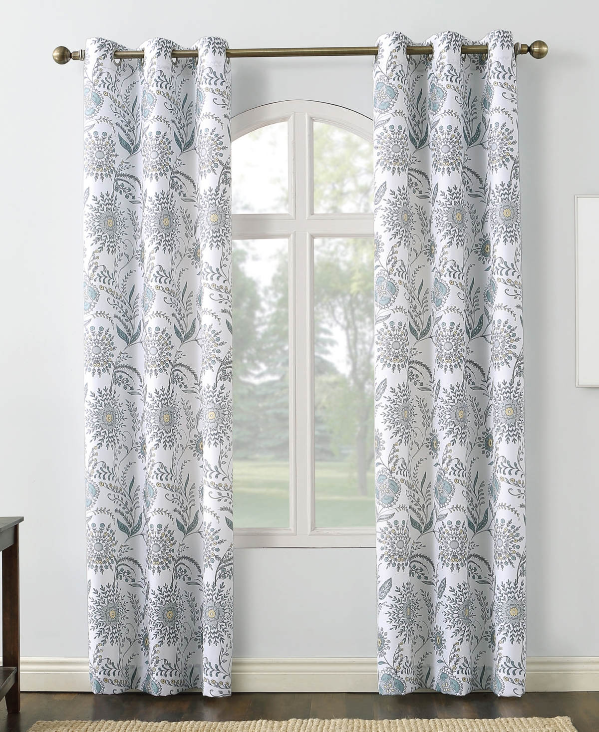 No. 918 Janelle Medallion Floral Semi-sheer Grommet Curtain Panel, 40" X 95" In White