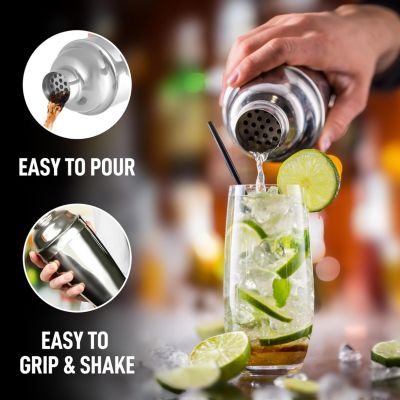 Cocktail Shaker with Built-in Strainer For Bartending & Homebars (24oz) - Silver