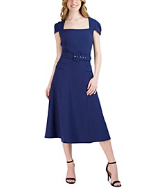 Women's Belted Cap-Sleeve Square-Neck Dress