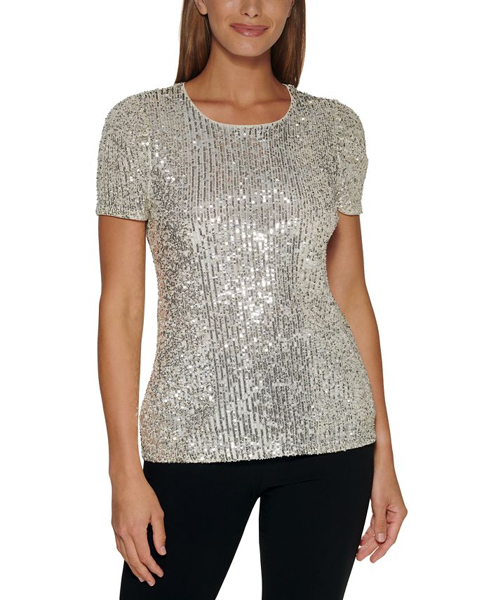 DKNY Women's Sequined Short-Sleeve Crewneck Blouse & Reviews - Tops ...