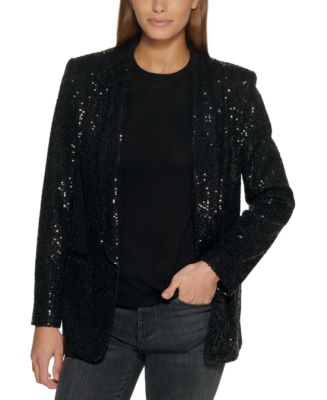 Dkny black ruffle discount front coat with sequins