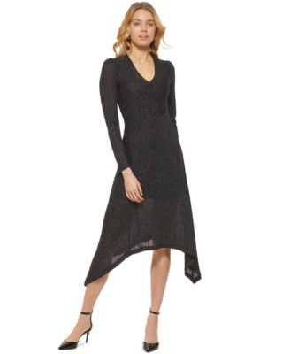 DKNY - Women's Long-Sleeve Sparkly Asymmetric Maxi Dress