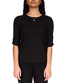Women's Crewneck Ruched Puff-Sleeve Top