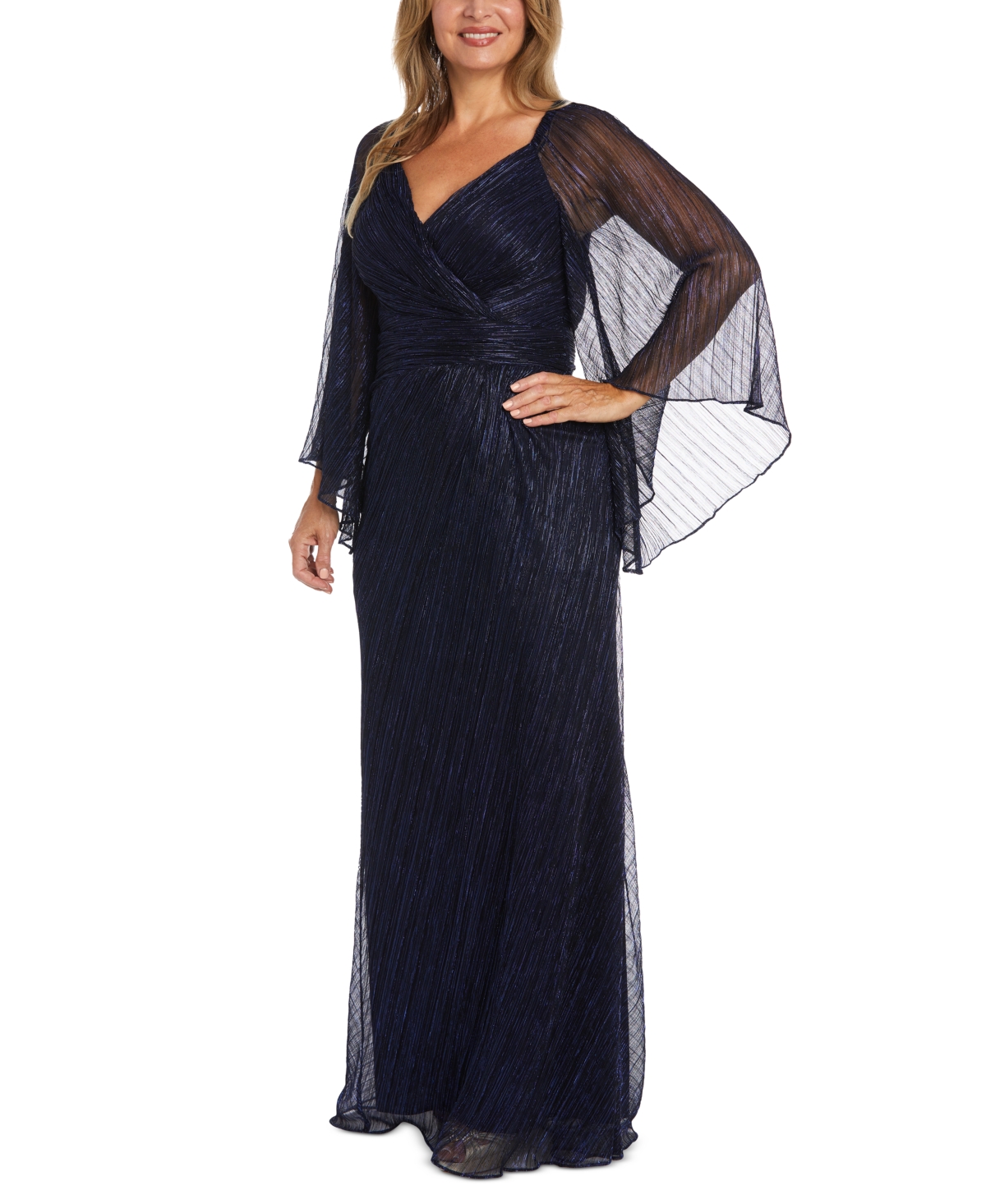 Women's Sweetheart-Neck Draped-Illusion-Sleeve Gown - Navy
