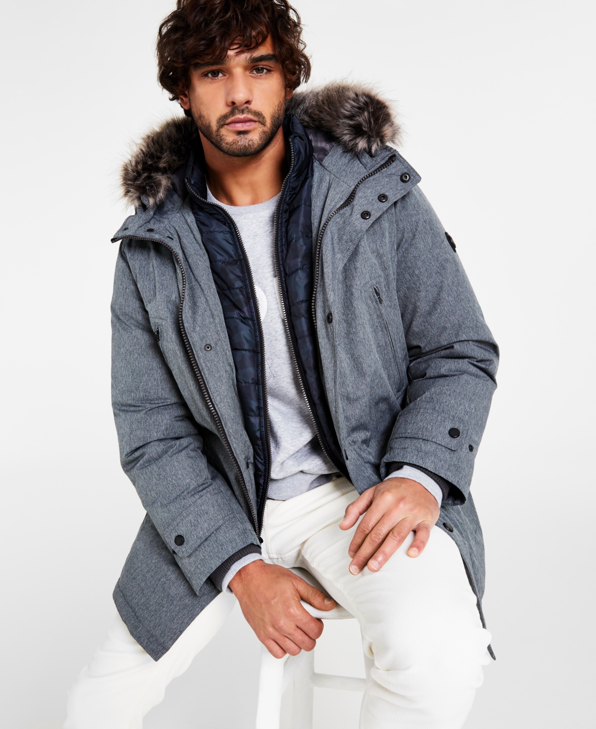 Michael Kors Men's Hooded Bib Snorkel Parka, Created For Macy's In Charcoal Heather