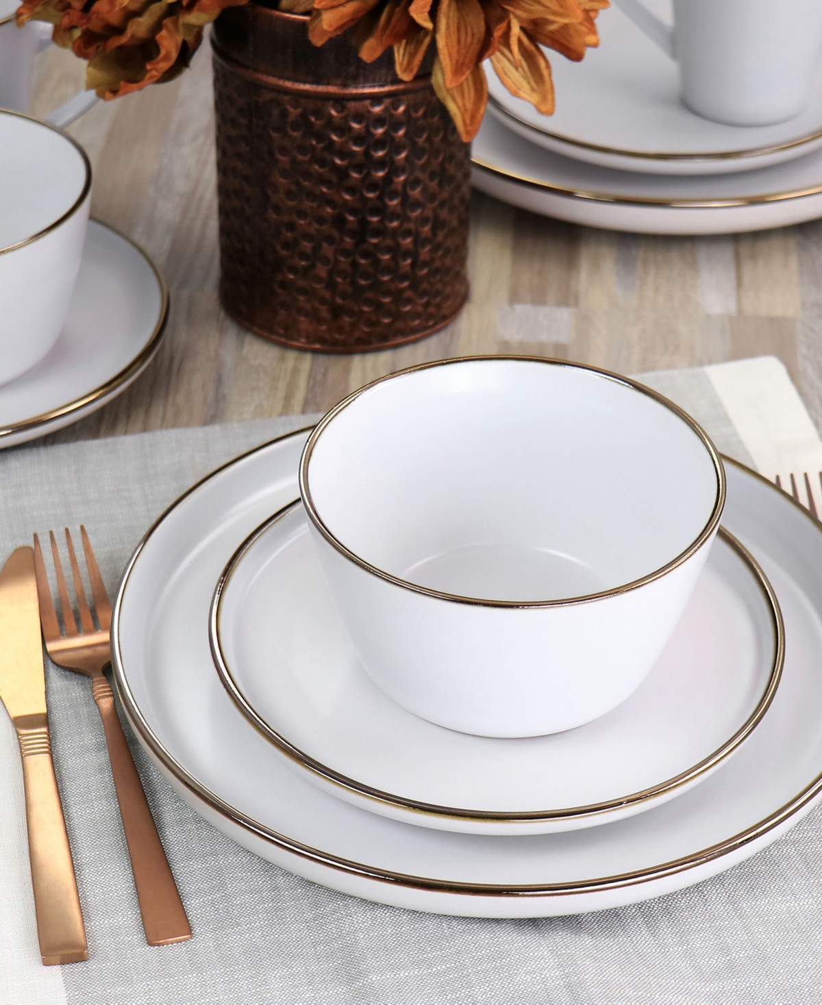 Elama Alejandro 16 Piece Stoneware Dinnerware Set, Service for 4 - Matte White with Gold-Tone Rim