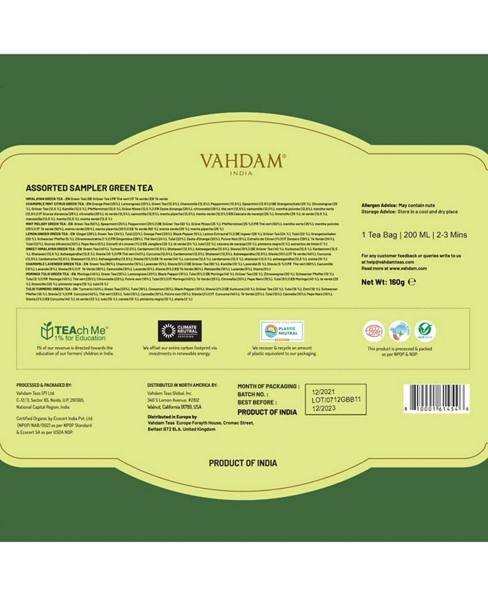 Vahdam Teas Green Tea Variety Sampler Gift Set, 80 Long Leaf Pyramid