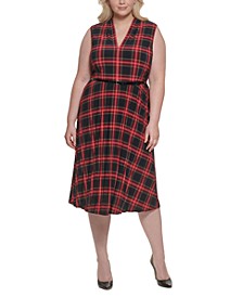 Plus Size Plaid Pleated Belted Dress