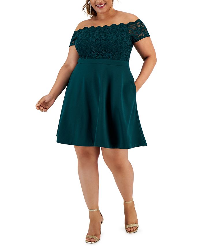 City Studios Trendy Plus Size Lace Bodice Off The Shoulder Dress
