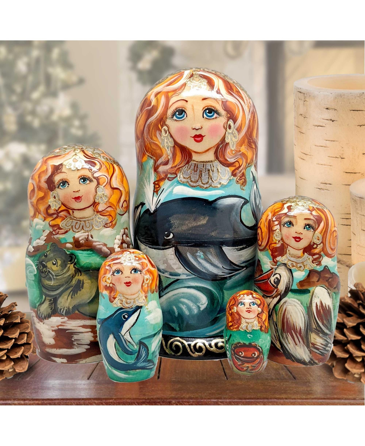 G.debrekht Whales Family Matreshka Holiday Nesting Hand-painted Doll, Set Of 5 In Multi Color