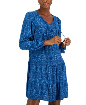 Style & Co - Women's Printed V-Neck Peasant Dress