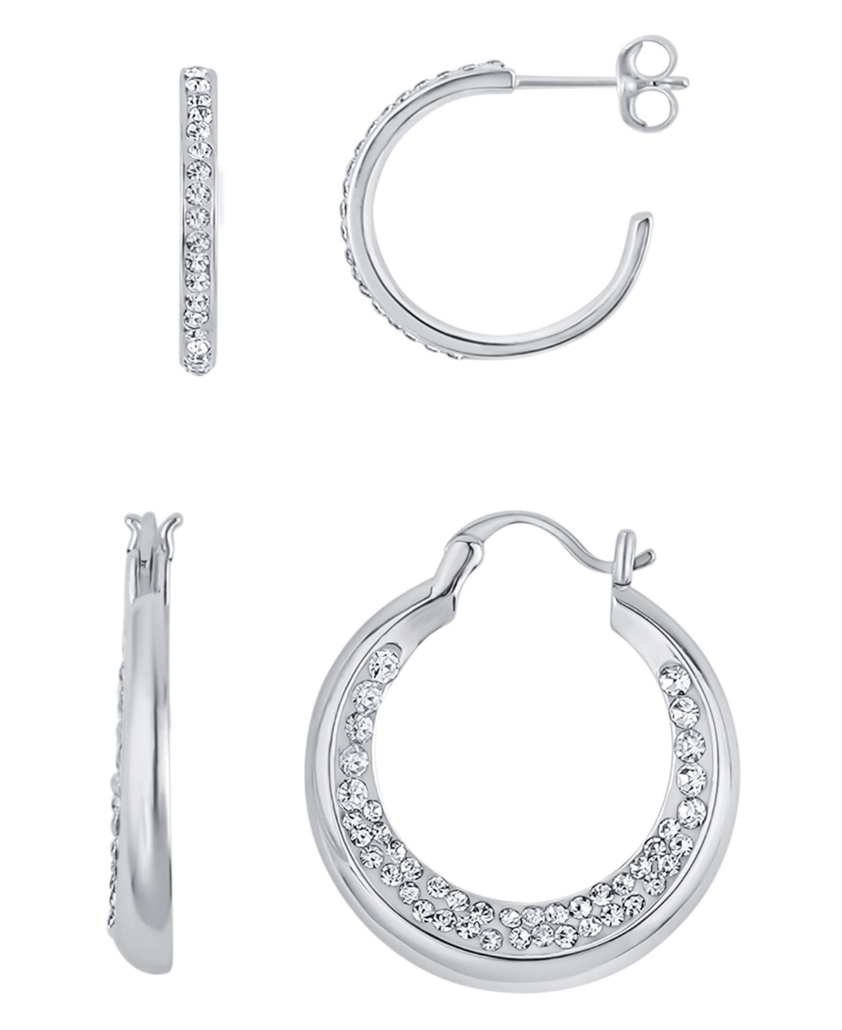 Duo Crystal Hoop Earrings, Set of 2 - Silver Plated