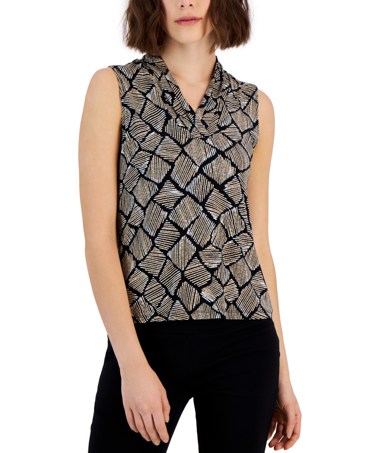 Anne Klein Women's Printed Gathered V-neck Sleeveless Top In Latte Multi