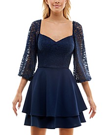 Juniors' Sweetheart-Neck Lace-Sleeve A-Line Dress