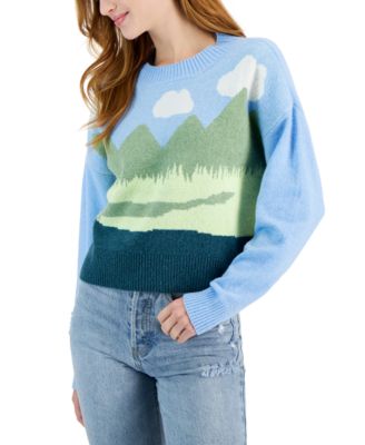 Sugar Moon Juniors' Landscape Crewneck Long-Sleeve Sweater Macy's