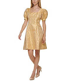 Metallic Puff-Sleeve A-Line Dress