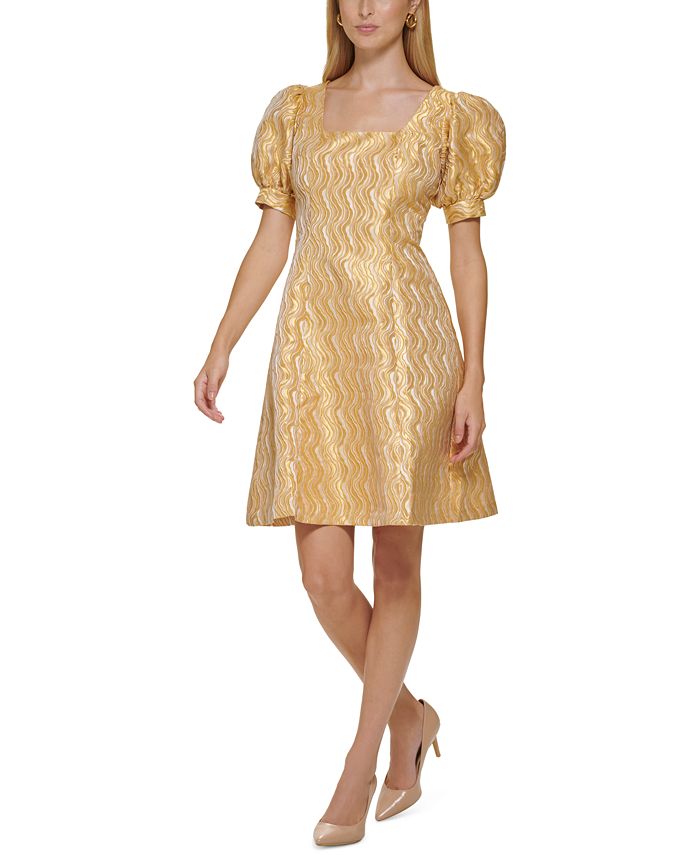 Calvin Klein Metallic Puff-Sleeve A-Line Dress & Reviews - Dresses - Women  - Macy's
