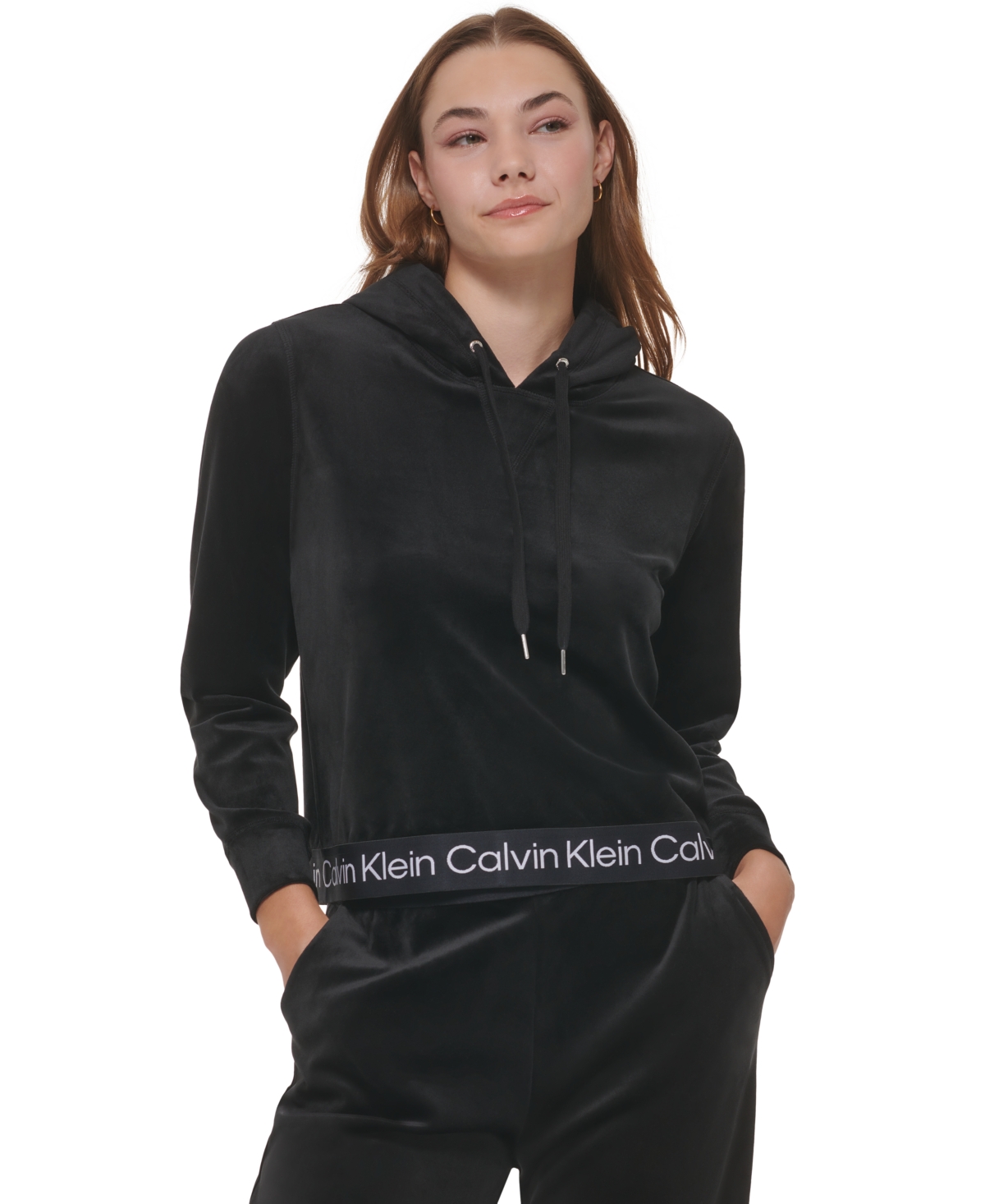 Calvin Klein Women's Cropped Velour Logo Trim Hoodie
