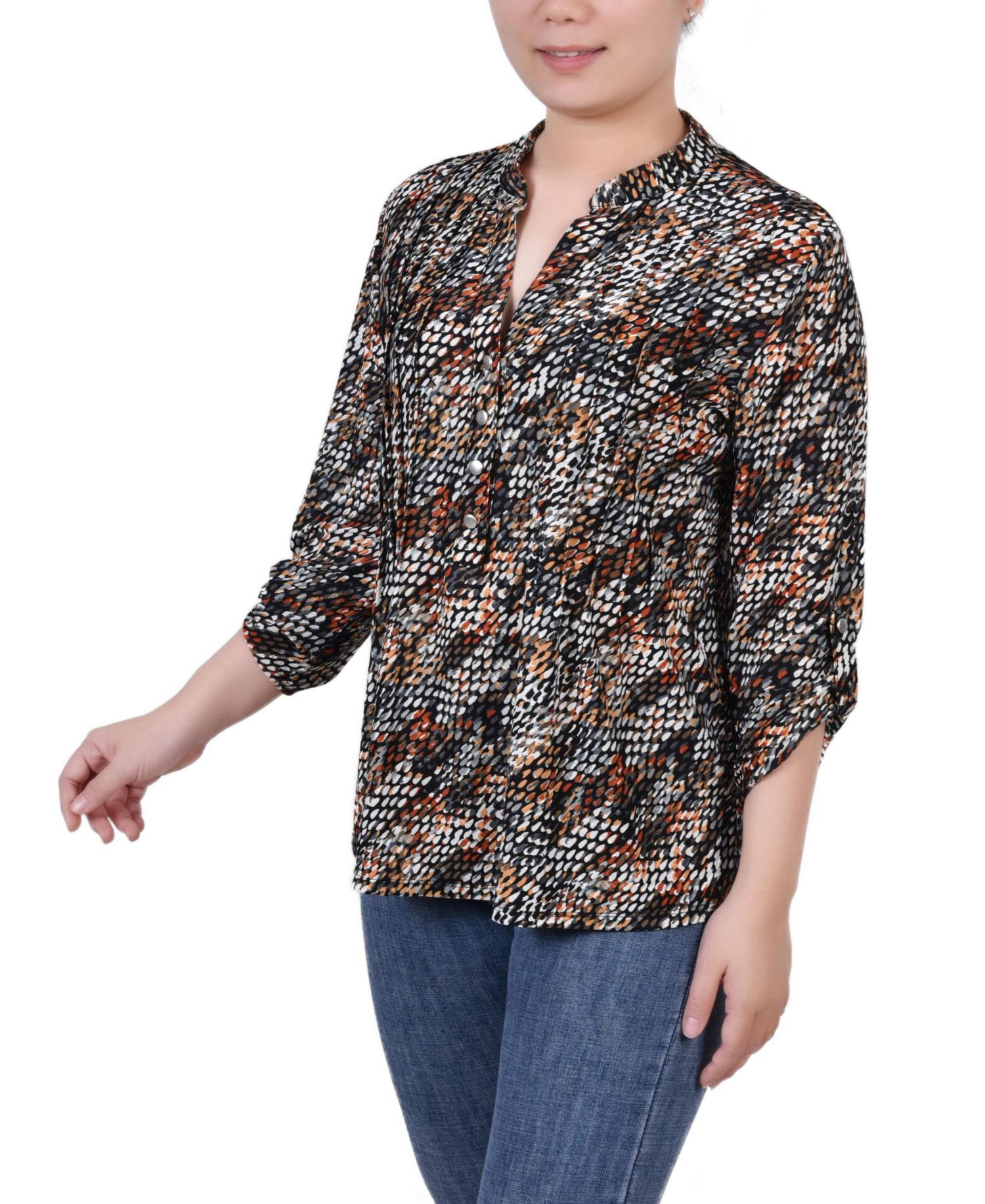 Petite 3/4 Roll Tab Sleeve Printed Pintuck Top