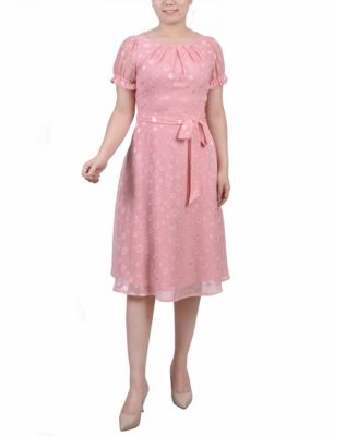 Women's Short Sleeve Belted Swiss Dot Dress