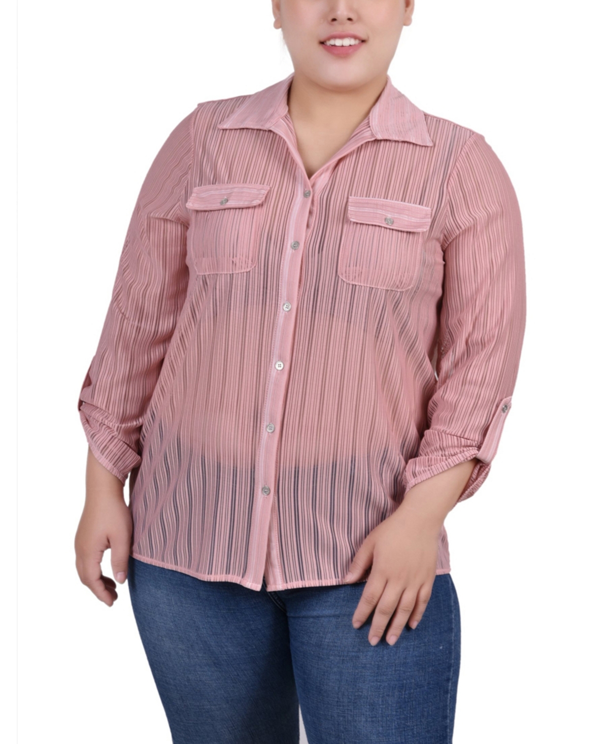Ny Collection Petite Long Roll Tab Sleeve Burnout Knit Top In Mellow Rose