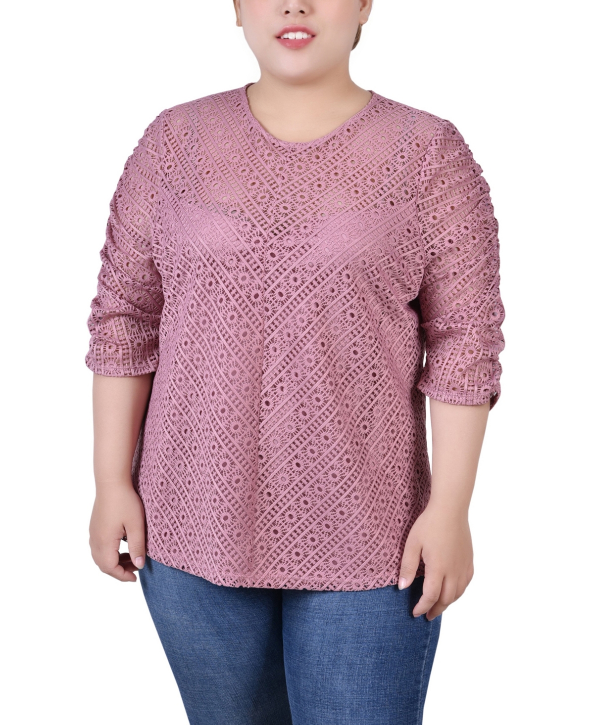Ny Collection Plus Size Rouched Sleeve Lace Top In Lilas