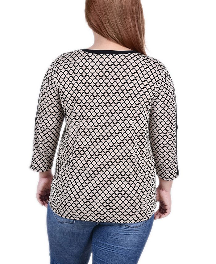 NY Collection Plus Size 3/4 Sleeve Top with Combo Bands and Grommets ...