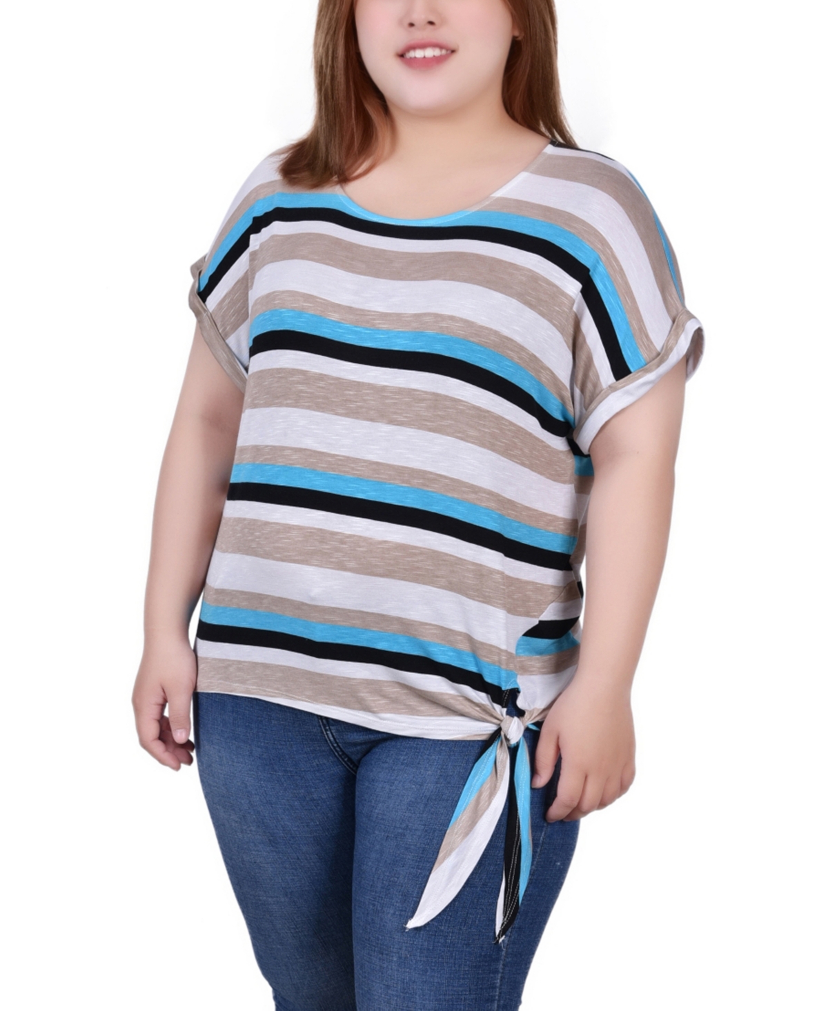 Plus Size Short Sleeve Tie Front Top - Turquoise Multi Stripe