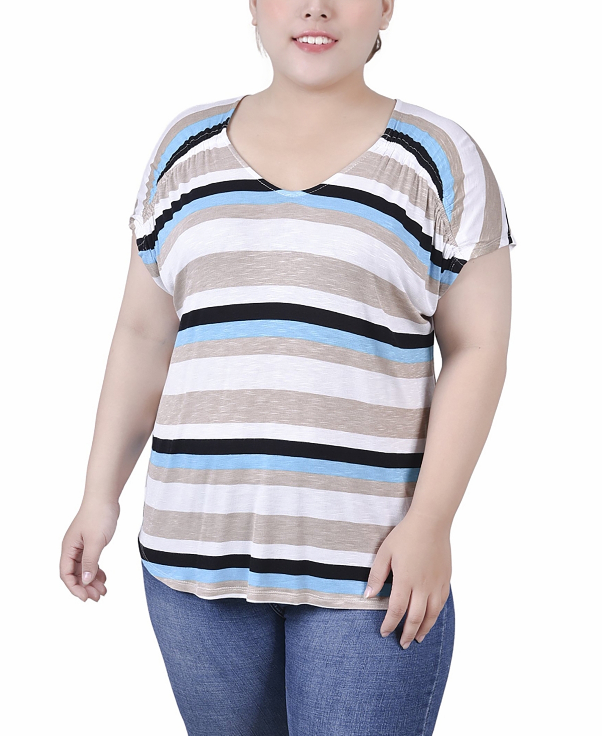 Plus Size Short Sleeve Striped V-neck Top - Turquoise Multi Stripe