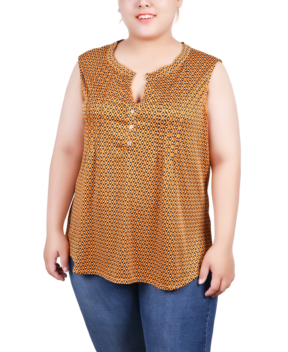 Plus Size Sleeveless Knit Y neck Top - Pristine Gold-Tone Black Jaycee