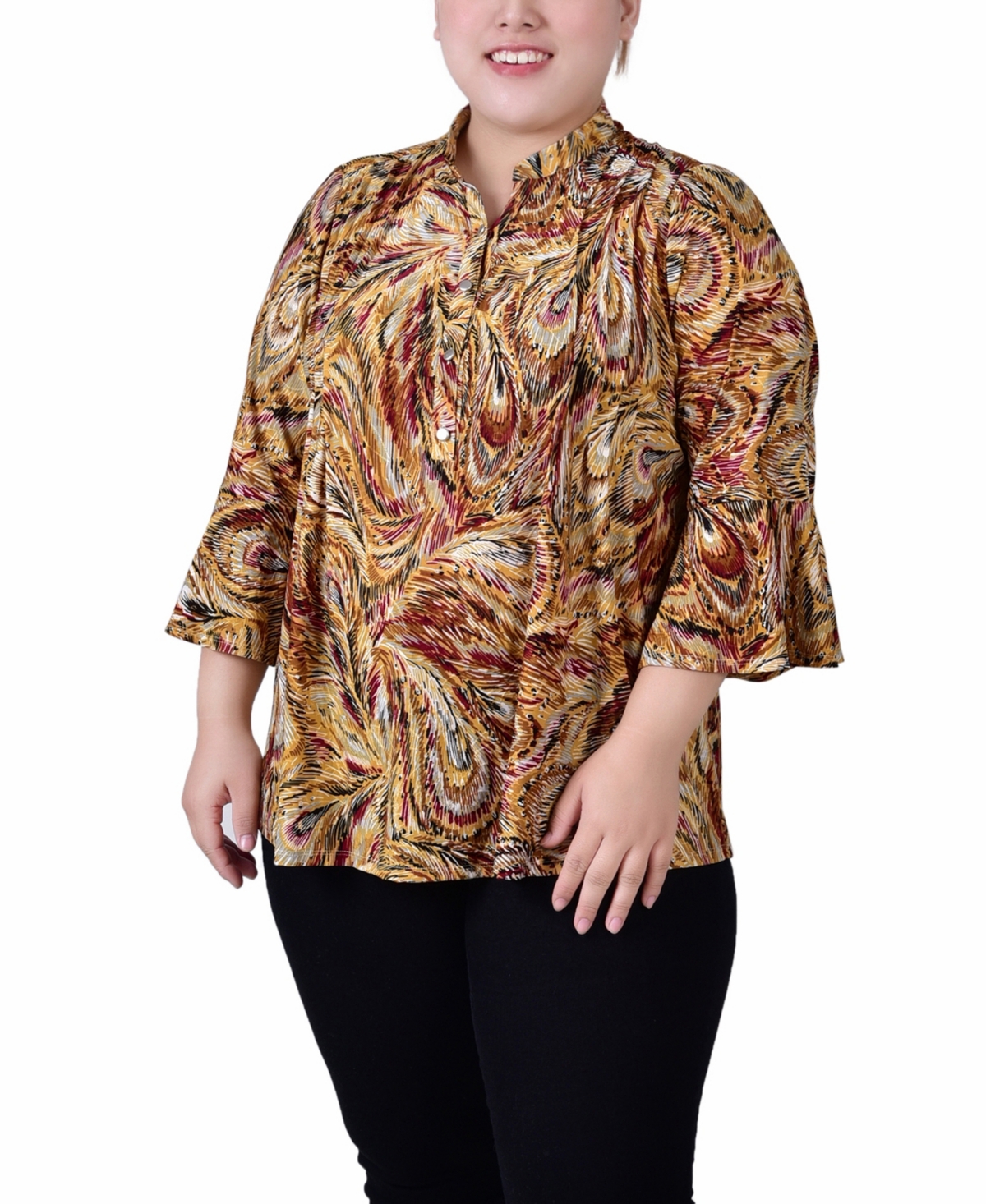 Ny Collection Plus Size Pleat Front Y-neck Top In Multi Gray Peacock