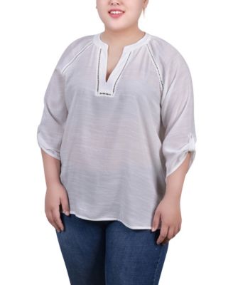 Plus Size Raglan Sleeve Split Neck Blouse 