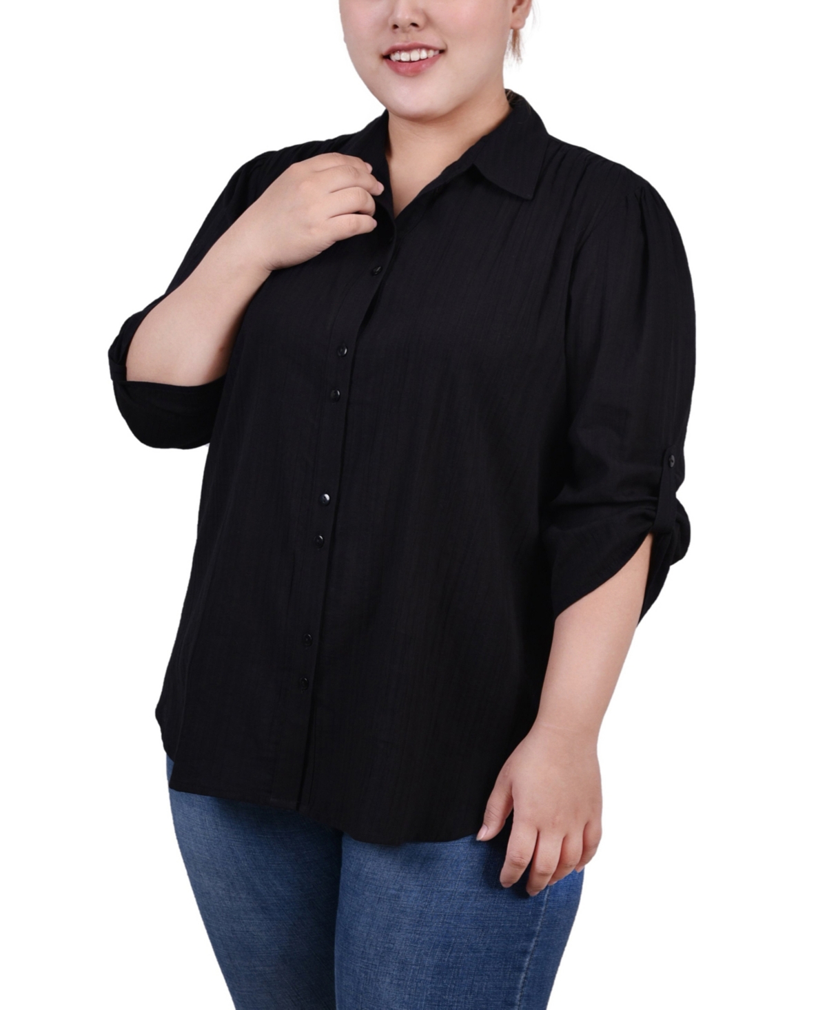 Ny Collection Plus Size 3/4 Roll Tab Sleeve Cotton Blouse In Black